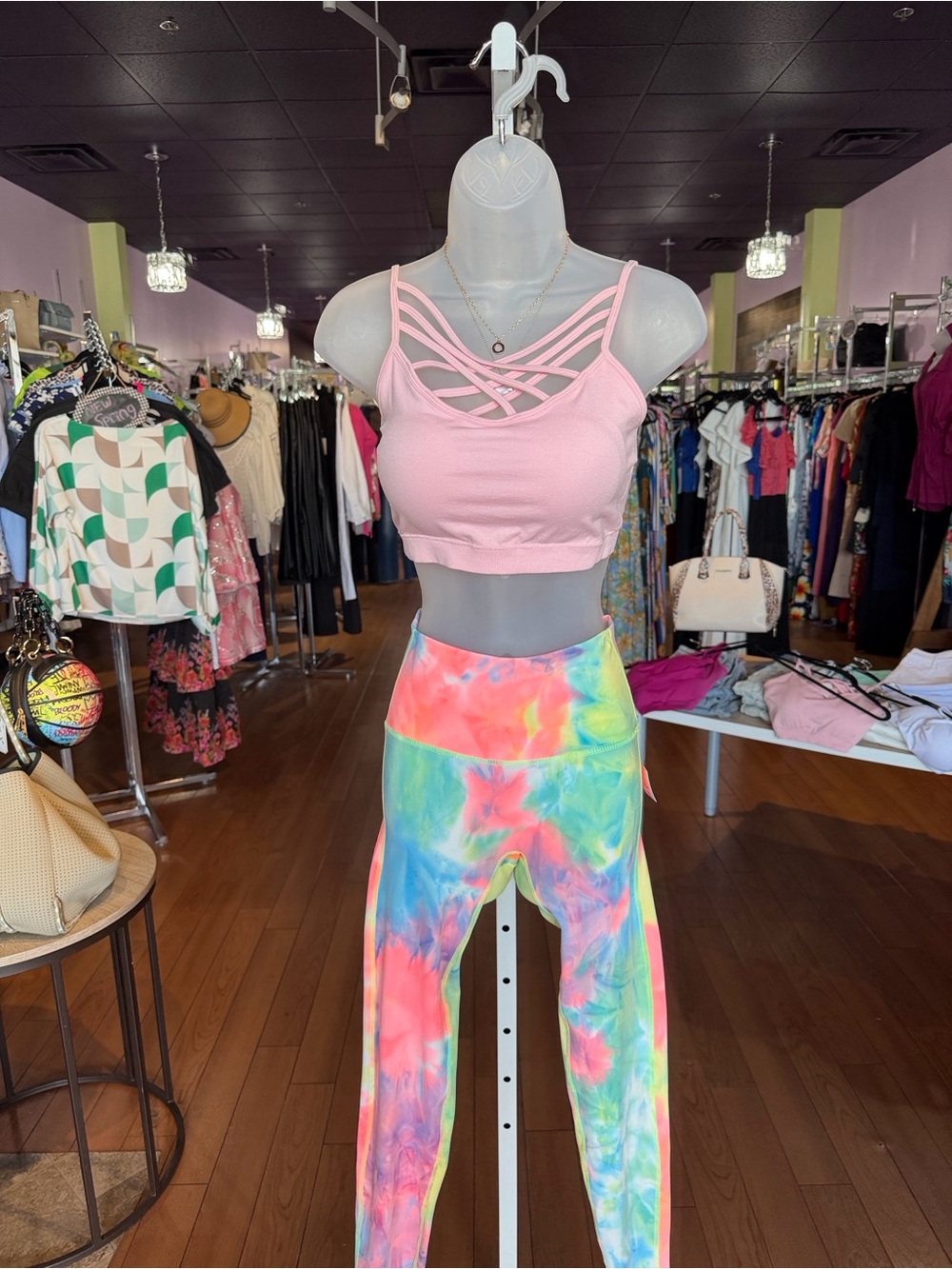 Pink Strappy Crop Top with Tie-Dye Leggings